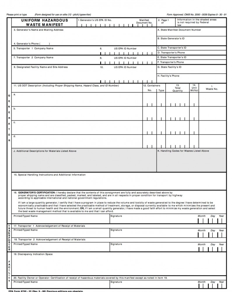 U S EPA Universal Hazardous Waste Manifest Forms